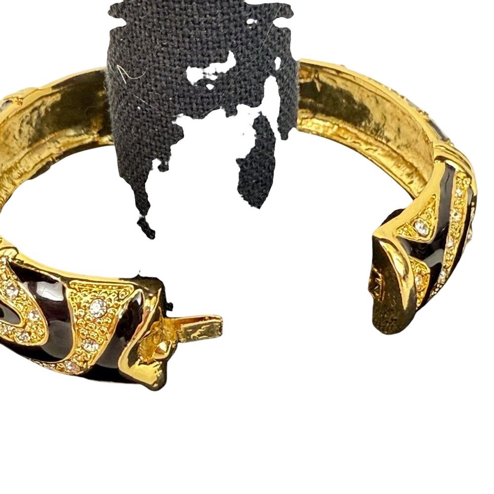 Y2k Rhinestone Gold Black Enamel Bracelet Vintage Hinged Clasp - Picture 4 of 16